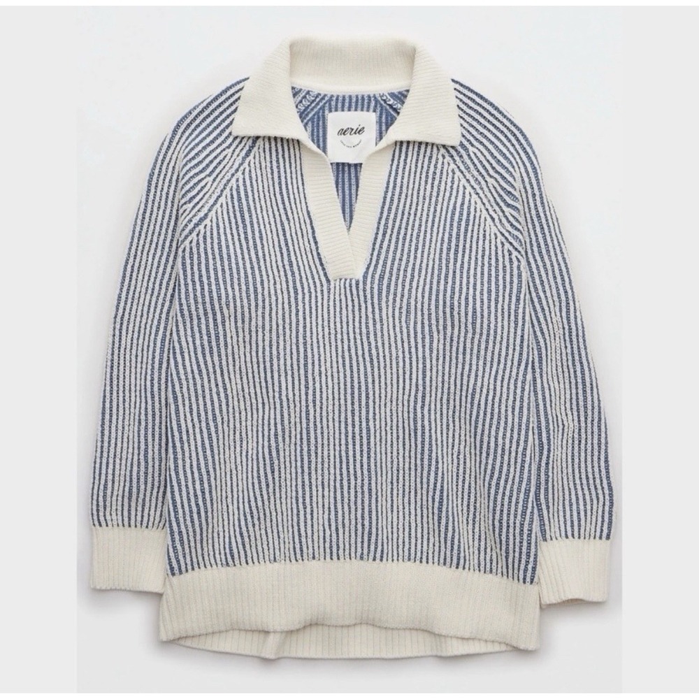 Aerie Sugar Rush Chenille V‎ Neck Pullover Sweater Blue White Large Coastal